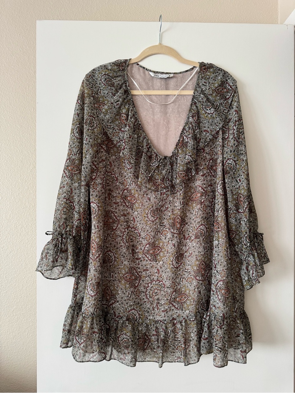 Sheer Paisley Ruffle V-Neck Mini Dress - Olive & Rust